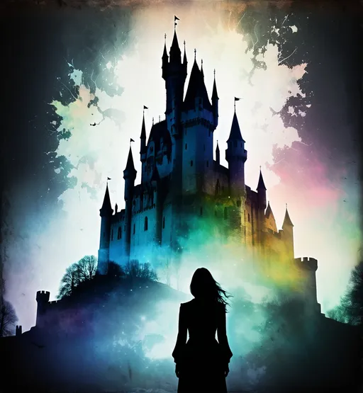 Prompt: An ethereal double exposure of a medieval grunge castle, blending with the spectral silhouette of a woman ghostly figure, 