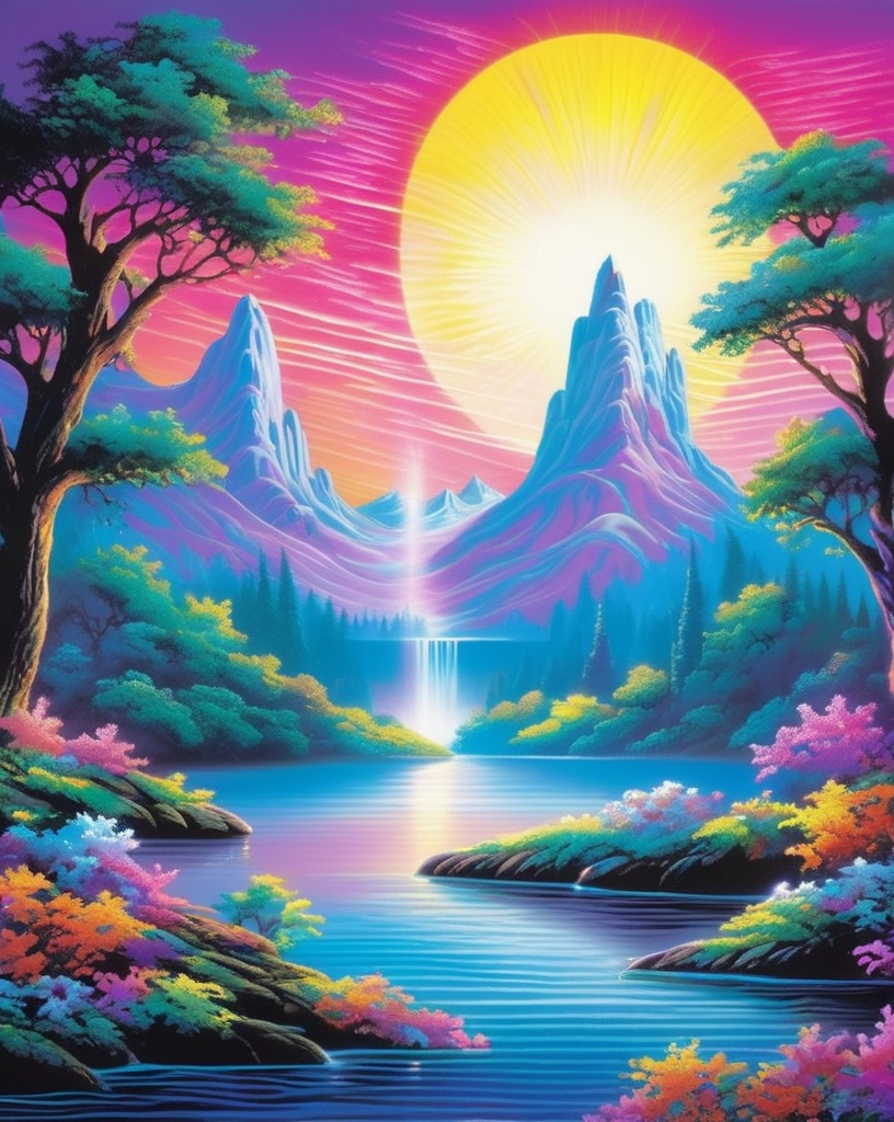 Prompt: Lisa Frank's style portrays a medieval legend where ethereal beings, illuminated as will-o'-the-wisps, dance around an ancient, moonlit lake. The scene is rich in romantic symbolism, with the will-o'-the-wisps depicted as delicate, ghostly figures. Their dance creates a mesmerizing pattern of light, leading the viewer's eye through the mystical, moonlit waterscape. 