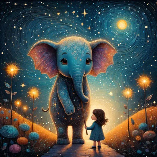 Prompt: The little native super cute girl holding her star magical wand posing with her cute elephant friend. In style of james r eads and Sam Toft. Naive art, 3d, extremely detailed, intricate cinematic lighting, high definition 