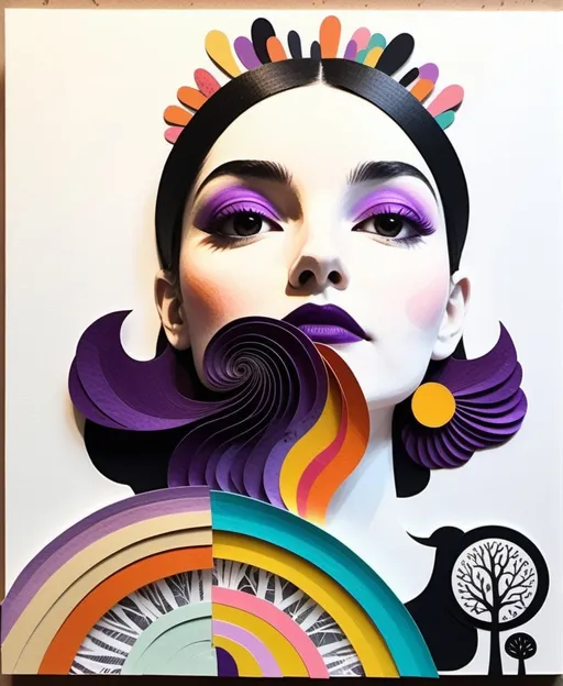 Prompt: She is a delightful darling girl, stop motion animation hypnagogic maximalism physicsbased paper collageaem, in the style of mycelium explosion suburban flat shading, simplified figures, purple rainbow, studyplace, expert draftsmanship, sculpture, oil pencil sketch 