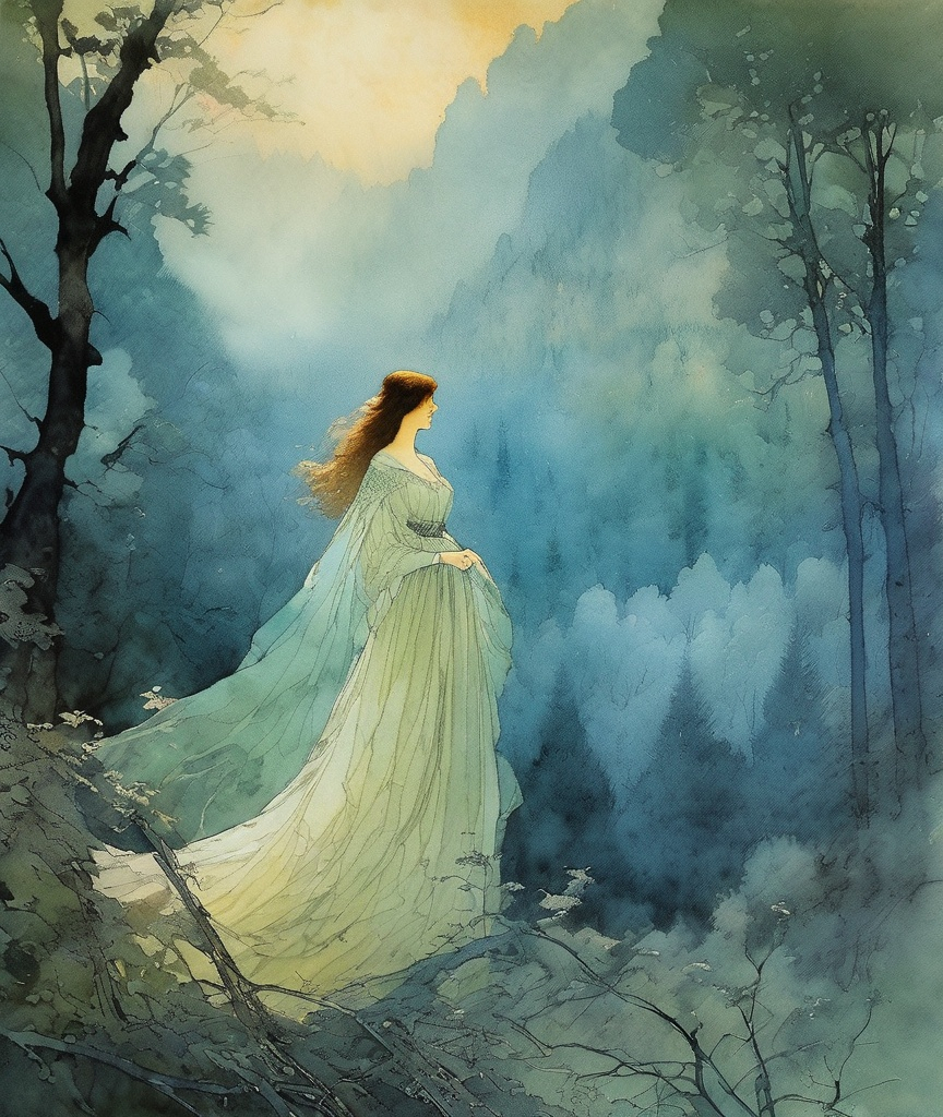 Prompt: A beautiful ghostly lady , she is broken hearted and surrounded by a doom and gloomy forest landscape, Loose and impressionistic watercolor picture, using patina and discoloration of metal surface, In the style of Carlos Schwabe, Susan Seddon Boulet, Edouard Vuillard. elegant extremely detailed intricate beautiful award winning fantastic view high definition crisp quality