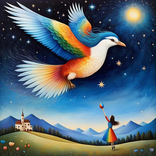 Prompt: In style of christian Schloe and daria Petrilli, a giant colorful bird flying with a beautiful cute girl with a very long and wild  ombre gradient blue hair on its back in a beautiful starry sky. Craquelure, egg tempera effect, Naive art, extremely detailed, optical illusion, oil painting 