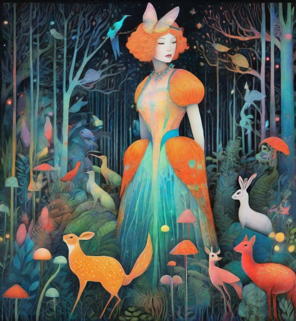 Prompt: The very Pretty girl and beautiful creatures at a magical night forest Illustration art by Loish, Michael Leunig, Edward Okun, anna dittmann, Kazumasa Nagai, Desmond Morris. 3/4 body portrait, 3d, Watercolor and ink, impasto, volumetric lighting, spectacular, intricate, beautiful, fantastic view, extremely detailed