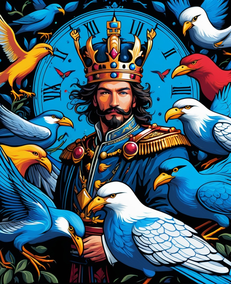 Prompt: time-lapse motion blur king with birds, on blue, in the style of dan mumford, bold and colorful portraits, ornate embroidery, dmitry vishnevsky, kingcore, exaggerated nobility, iconic album covers 