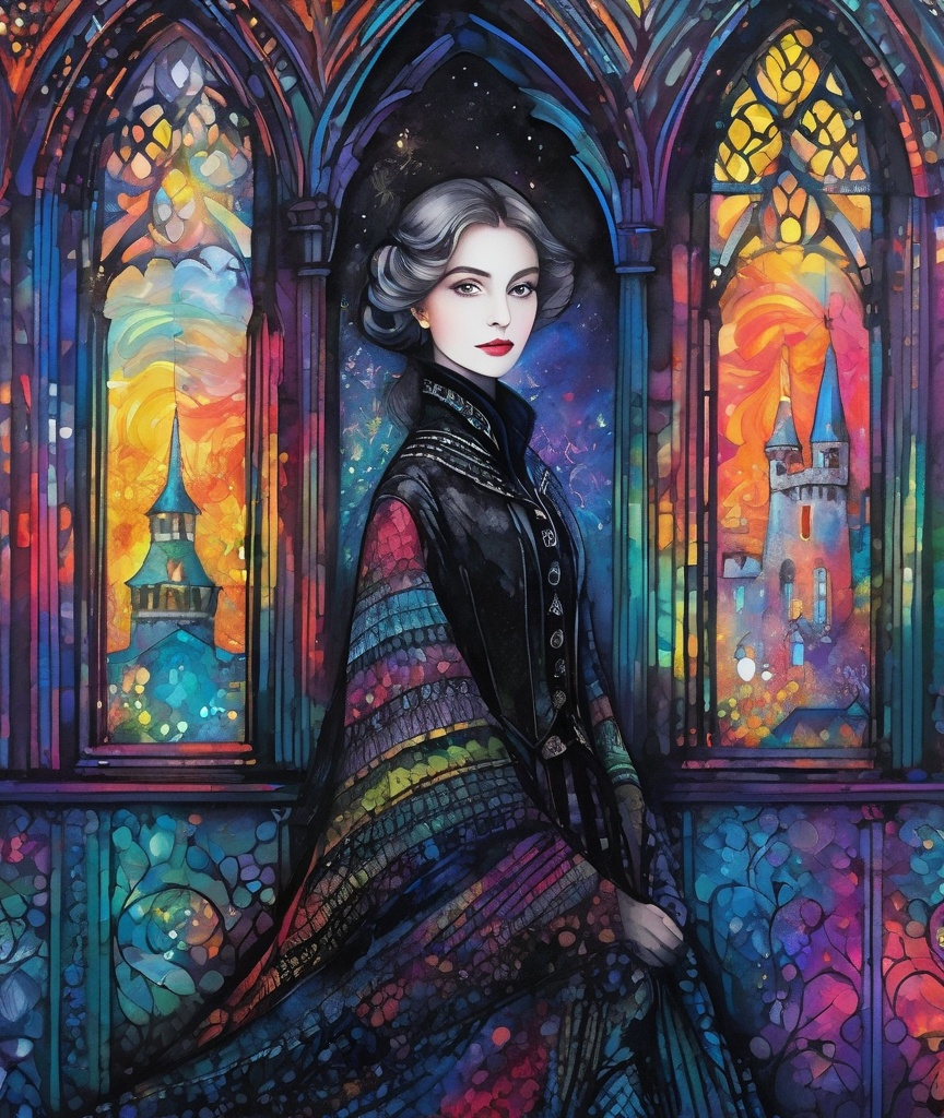 Prompt: a zentangle ferrotype portrait of In a gothic galaxy castle a vampire gazes through a window at the ethereal magic layers swirling in the vivid rainbow solar night in the style in the style of Rebeca Saray, Lin Fengmian, Anna dittmann, Justin Gaffrey, Michael Creese, Frank Cadogan Cowper, Yves Saint-Laurent, Thomas Edwin Mostyn, Hiro isono, James Wilson Morrice, Axel Scheffler, Gerhard Richter, pol Ledent. Encaustic paint and volumetric lighting. 