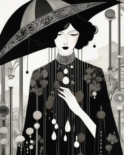 Prompt: illustration of girl holding an umbrella, in the style of surrealist-inspired works, dark white and black, jewelry by painters and sculptors, vienna secession, elegant, emotive faces, bubble goth, subtle playfulness 

