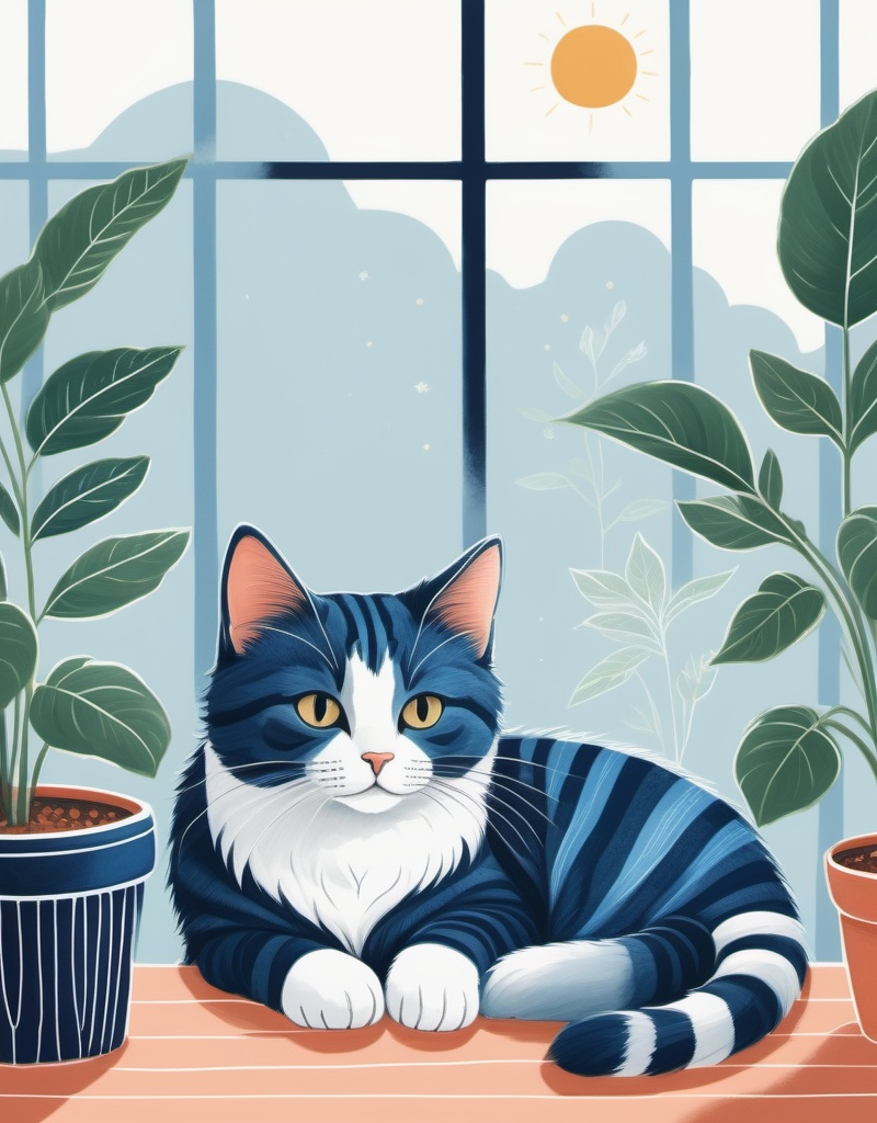 Prompt: whimsical illustration of a cat with indigo stripes, lounging in a sunlit window, surrounded by potted plants, cozy hand-drawn style