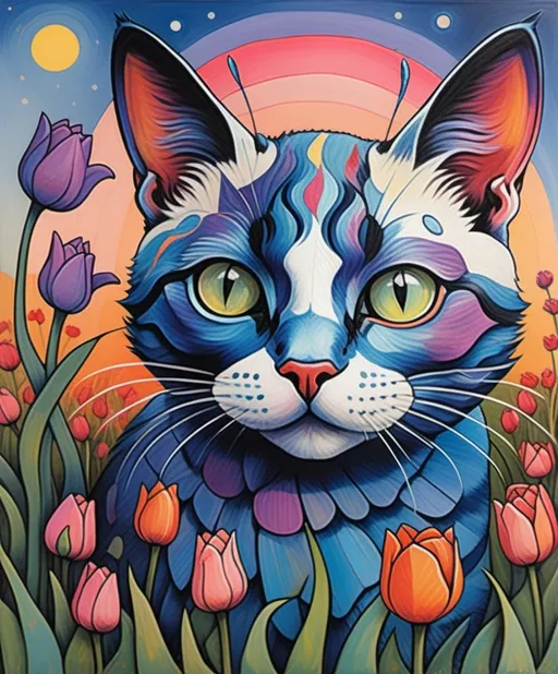 Prompt: Art by A. Y. Jackson, Marc Johns, Javier Mariscal, Helen Dardik, Monica Blatton, Luminous encaustic texture, gradient bold crossed colors, profile of an expressive beautiful cat looking up with a butterfly perched in its nose, in a field of tea rose and periwinkle tulips, piercing odd colored eyes, twilight sky.