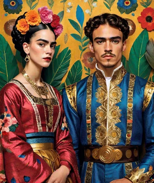 Prompt: Juliet and Romeo, Fashion *sartorial*, by Gustav Klimt and Frida Kahlo style 