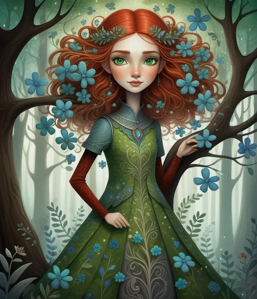 Prompt: anthropomorphic tall green tree with blue flowers, good tree with friendly old face, carrying the lonely pretty brave girl, wild red hair, grey eyes in it branches concept art by Daron Nefcy , Millie Marotta, Jackie Morris, Javier Mariscal, Kelly McKernan, Jane Newland, whimsical forest, magical night, surreal dreamlike portrait, fantasy, imaginative, beautiful, colorful, extremely detailed, intricate, lovely, award winning fantastic