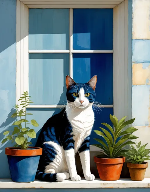 Prompt: whimsical illustration of a cat with indigo stripes, lounging in a sunlit window, surrounded by potted plants, art by Sam Toft, Jamie Heiden, Michael Creese. 3d, extremely detailed 