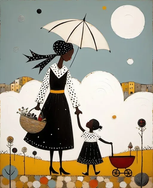 Prompt: the joy and faithfulness of motherhood, in the style of sam toft, white Mom and black child, fanciful elements, dotted, debbie criswell, naïvecore, quadratura, painting by Sam Toft 