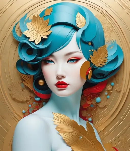 Prompt: art by karen yeung, in the style of tristan eaton, eiko ojala, grunge beauty, light cyan and red, gold leaf foil, texture gold, relief, dynamic color schemes, serene faces, peter mitchev 