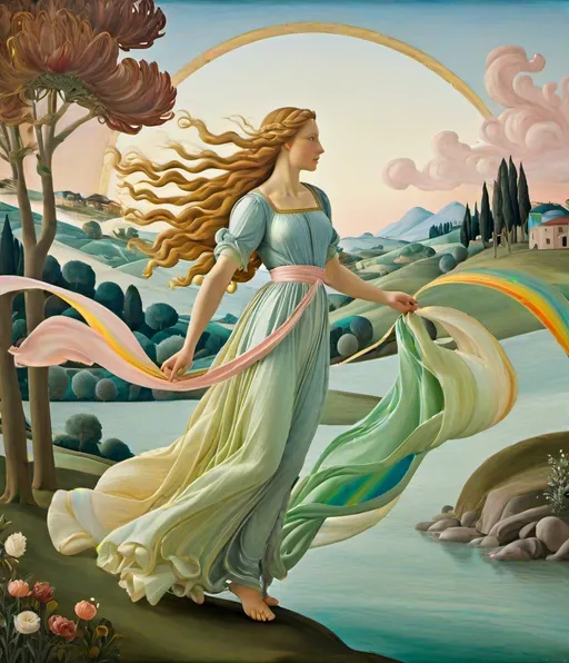 Prompt: Botticelli's post-impressionist take on Bifrost shows it as an ethereal, flowing ribbon across a Renaissance-inspired landscape. The soft brushstrokes and pastel colors create a sense of harmony and grace. This artwork is a blend of classical beauty and mythical wonder. Botticelli's Bifrost is an elegant testament to timeless legends.