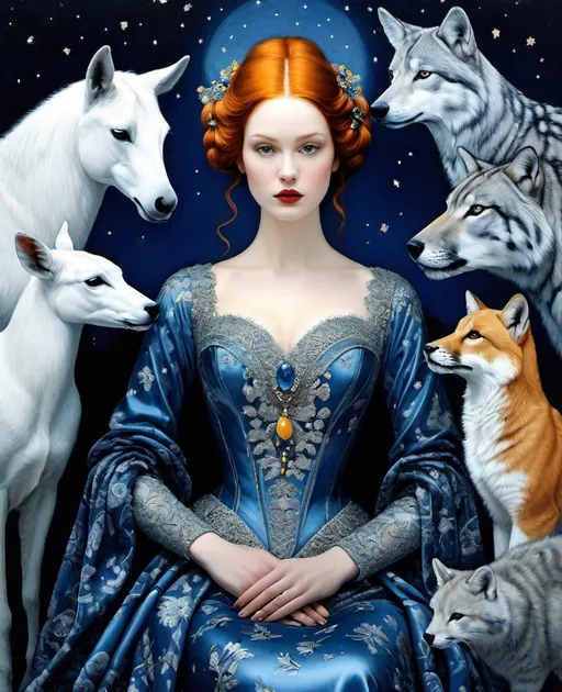 Prompt: She is a mysterious Lady of the moonlight night surrounded by animals style of Lucia Heffernan, Erik Madigan Heck, Nicholas Hughes, Nicholas Hilliard, Daarken. 3/4 body portrait, Cold Chrome colors tone, Extremely detailed, intricate, beautiful, 3d, high definition