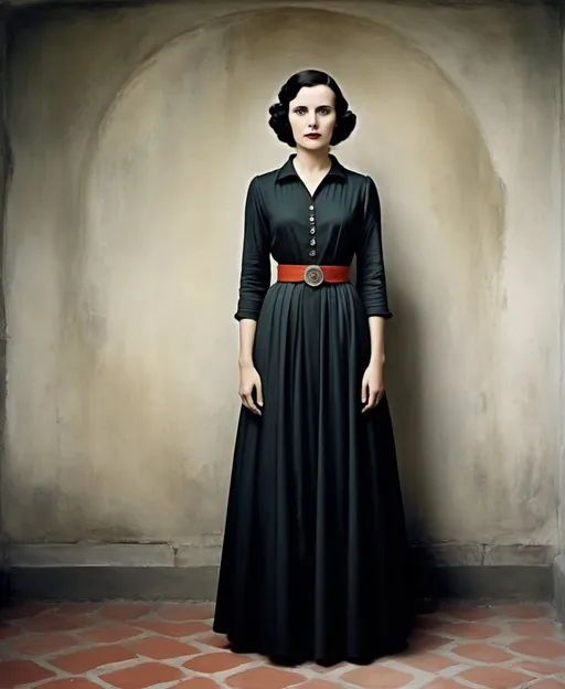 Prompt: in style of helmut newton::3 , riefenstahl::2 , full-length portrait photo, a beautiful woman with a surprised anxious expression, discomfort, awkwardness, background beautiful medieval grung, Eva Hesse, Liniers, Catrin Welz-Stein