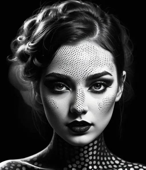 Prompt: black halftone makeup, steamy surreal realistic girl 