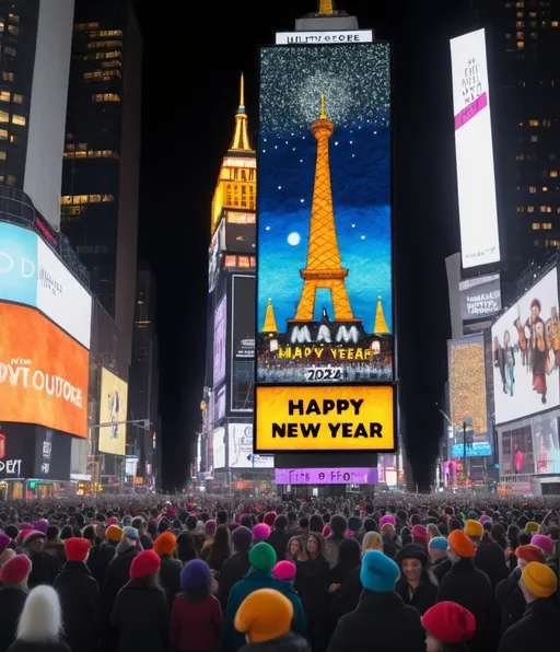 Prompt: needle felted time square midnight crowds for tower a dropping glittercore ball, felted backlit led billboard reads "Happy New Year" another billboard "2024!"