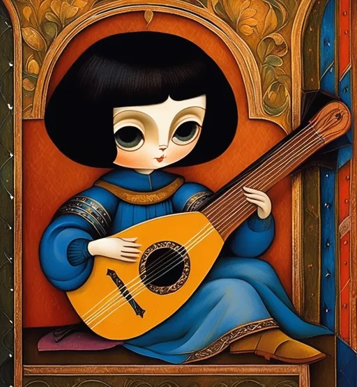 Prompt: big-eyed troubador playing a lute, medieval grunge, kitschy painting by margaret keane