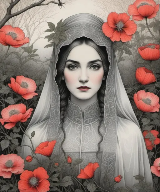 Prompt: Craquelure, tempera, Fine art etching: a woman with a veil in her hair, Victoria Frances, Dan Hillier, Edward Gorey style, surrounded by tall branches of poppies, camellia, hibiscus, foliage, spider lily, spot coloring, tulip, with craquelure silver patina background, fantasy art, a detailed drawing decoupage, black, pink and white gradient coloring, a detailed drawing