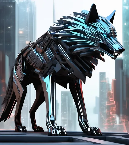 Prompt: Picture a dystopian cityscape at dawn, the sky a palette red heliocentric and muted blues. Amid the sprawling concrete and steel, a creature emerges, embodying the pinnacle of predatory evolution. This is the futuristic wolf, a blend of the organic ferocity of its ancestors and the cold precision of modern technology. Its fur is a shimmering tapestry of silver, each strand interwoven with delicate fibers of neon that pulse with the rhythm of an artificial heartbeat. The wolf’s eyes are a piercing crimson, bioluminescent and unforgiving, mirroring a soul that has been honed into an instrument of survival and dominance. As it stands atop the remnants of a crumbled skyscraper, its muscular form is outlined by the first light of day. The wolf's body is augmented with sleek metal, enhancing its natural capabilities to near-mythical levels. Its jaws, partly mechanical, open to reveal an array of teeth crafted from a substance far more durable than any mineral found on Earth. The remnants of the city tell a story of the wolf’s passage - structures torn asunder, vehicles overturned, the remnants of technology no match for this apex predator's might. From its snout, a steam-like mist escapes, a byproduct of its internal cooling system, and its tail sways with a life of its own, tipped with blades that could slice through the city's skeleton as easily as air. This wolf is not merely an animal; it is a statement, a symbol of nature and machine fused into a singular, terrifying force. Its growl rumbles through the silent city, a warning to any who might still hide within the shadows of the fallen world. This is not just a beast; it is the future incarnate, bloodthirsty and unstoppable --stylize 