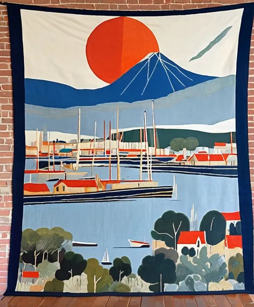 Prompt: garage sale tapestry depicting Hobart harbour with view of mount wellington , mid century modern by hilma af klint 