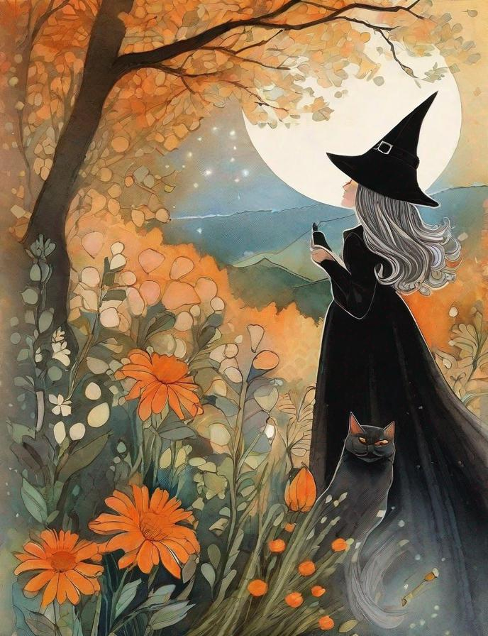 Prompt: A mesmerizing witch with pretty face and beautiful green eyes surrounded by magical flowers and her black cat art by Anna and Elena Balbusso, Marc Allante, Charles Robinson, pol Ledent. inlay, watercolors and ink, beautiful, fantastic view, extremely detailed, intricate, best quality, highest definition, rich colours. intricate beautiful, award winning fantastic view ultra detailed, 3D high definition