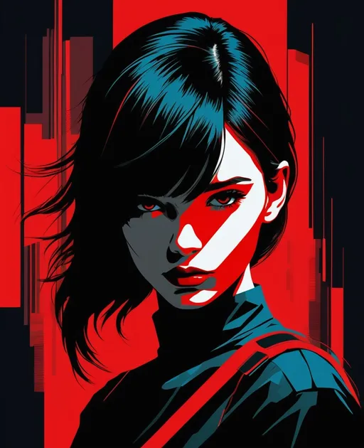 Prompt: black and red portrait of a girl, constructivist glitch art, movie illustration, elegant 