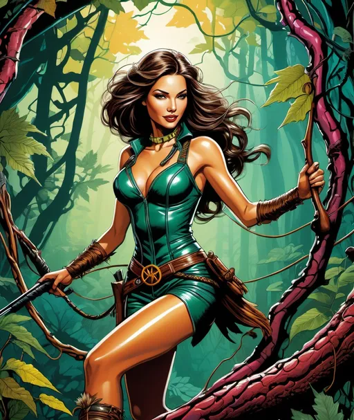 Prompt: the most dangerous huntress illustrated in maximal detail. pop art manga action illustration, american surrealism swinging on a vine in a carboniferous forest, fierce smile lips, clever wild native, fully painted, fun exciting masterpiece fantastic colors and mystical backlight 