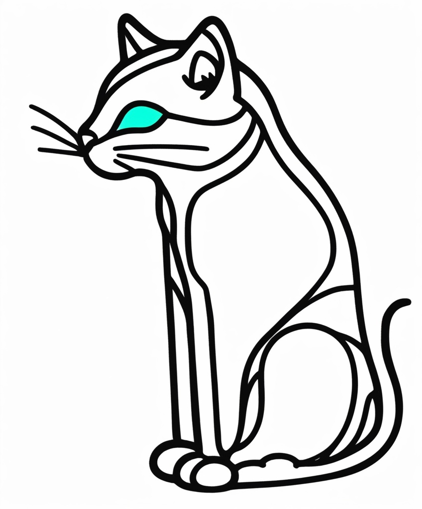 Prompt: chalcedony hue fluorescent simple black and white line doodle art exaggerated perspective of a forward-facing wirey cat on a white background, frontal gait view 