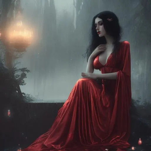 Prompt: Mysterious very beautiful Lady wearing long red silk floating dress with black gloves surrounded by fogg, black hair, pale, whimsical landscape at night starry sky, rim lighting, Grayscale style by William Oxer, Rimel Neffati, Benoit Paille elegant intricate beautiful ultra detailed 4K 3D high definition