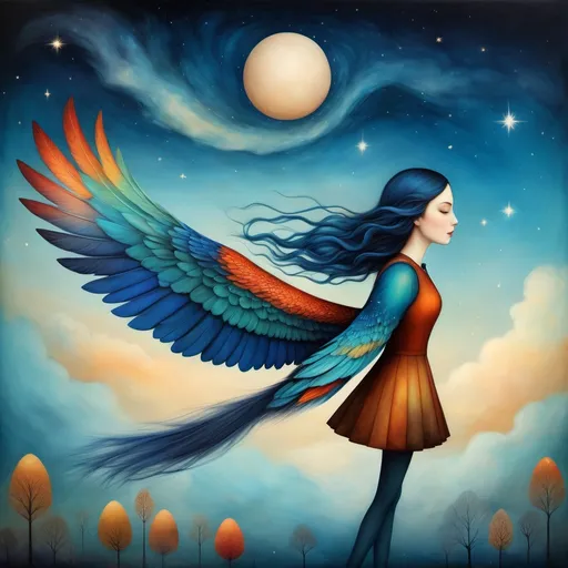 Prompt: In style of christian Schloe and daria Petrilli, a giant colorful bird flying in a whimsical night sky with a beautiful cute girl on his back . The girl has a very long and wild  ombre gradient blue hair. Craquelure, egg tempera effect, Naive art, extremely detailed, optical illusion, oil painting 