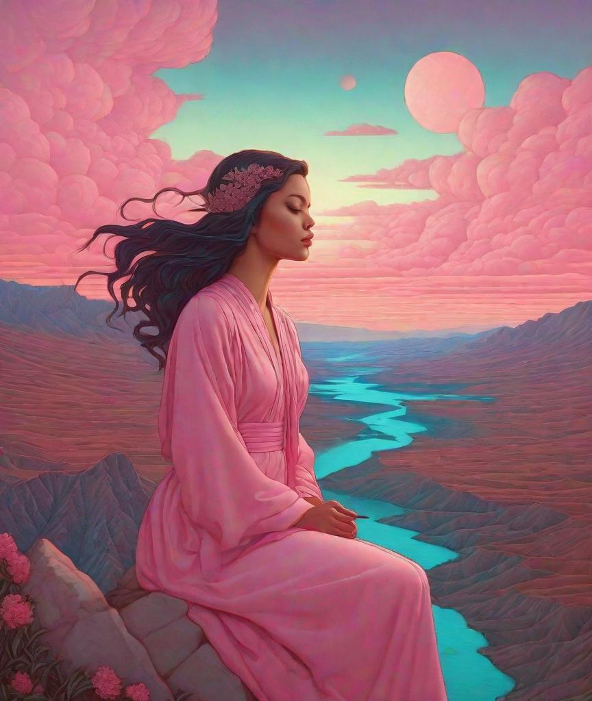 Prompt: muted pink sky and blue aqua sisyphean miracle minimalist emotionally impactful beauty in a surreal pop art style whispering in quirky fun casey weldon mucha davinci and guweiz illustration painting