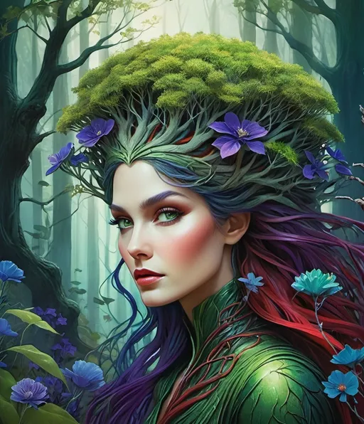 Prompt: anthropomorphic green tree lady, colorful roots grow like veins all over her body with blue and purple flowers, wild red branches grow from her head like a hair, grey eyes concept art by Glen Orbik, Ida Rentoul Outhwaite , tom bagshaw, Millie Marotta, Jackie Morris, Javier Mariscal, Jane Newland, closeup, whimsical forest background , magical night, surreal dreamlike portrait, fantasy, imaginative, beautiful, colorful, extremely detailed, intricate, lovely, award winning fantastic