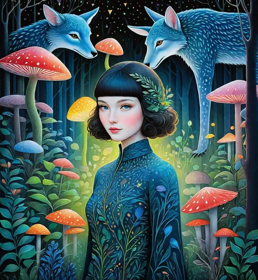 Prompt: The very Pretty girl and beautiful creatures at a magical night forest Illustration art by Lisa Parker, Michael Leunig, Edward Okun, anna dittmann, Kazumasa Nagai, Desmond Morris. 3/4 body portrait, 3d, Watercolor and ink, impasto, volumetric lighting, spectacular, intricate, beautiful, fantastic view, extremely detailed