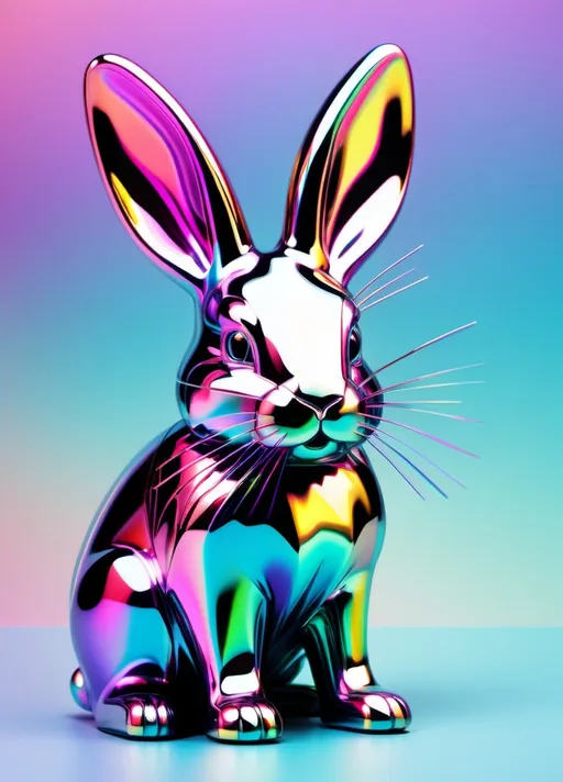 Prompt: Metallic iridescent Easter Bunny in the style of constructivist glitch art, psychedelic pastel colors