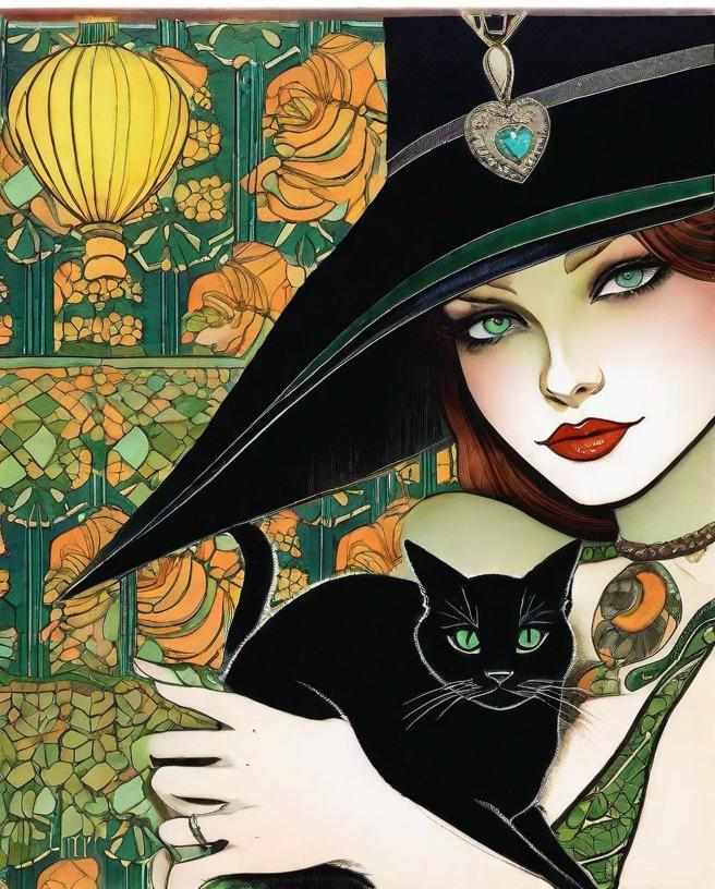 Prompt: A lovely witch with pretty face and beautiful green eyes and her black cat art by Leon Bakst, Deborah Azzopardi, Marc Allante, Axel Scheffler, Charles Robinson, pol Ledent, endre penovac, Gustave Loiseau. inlay, watercolors and ink, beautiful, fantastic view, extremely detailed, intricate, best quality, highest definition, rich colours. intricate beautiful, award winning fantastic view ultra detailed, 3D high definition