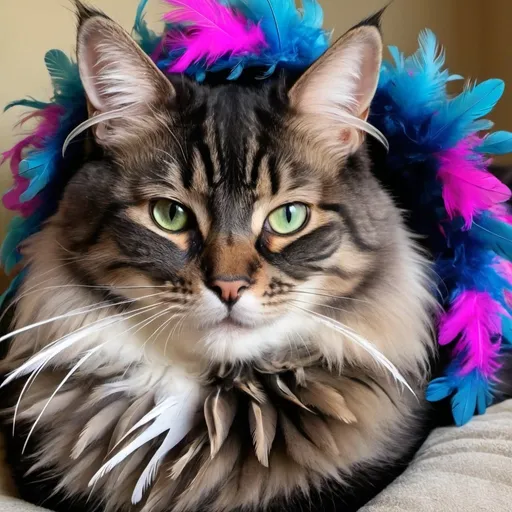 Prompt: Feather boa on my kitty cat named Apollo, abstraction of Apollo’s feline energy 