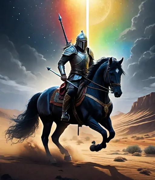 Prompt: bifrost, The horses and the night and the desert know me and the sword and the spear and the paper and the pen 