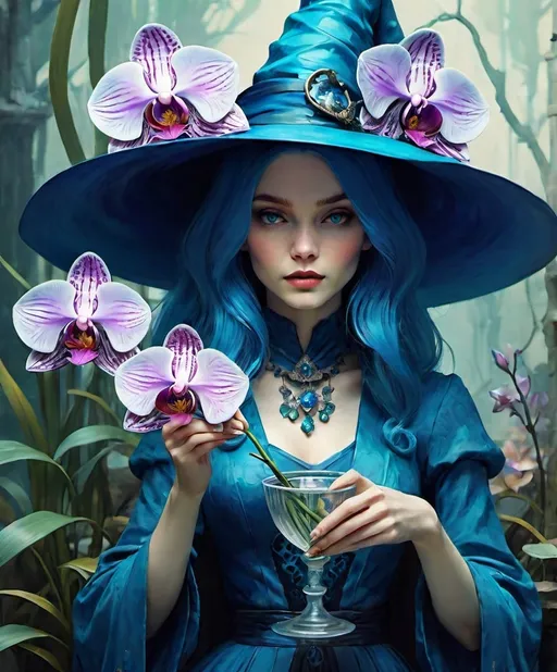 Prompt: A very pretty dreamy orchid witch is so blue, dragons are eating her flowers, style by Stefanie Schneider, Bob Peak, John Reuss, Justin Gaffrey, John Lowrie Morrison, Patty Maher, van Gogh, Valerie Hegarty, 3d, highest definition, rich colours.  
 Watercolor, trending on artstation, sharp focus, 