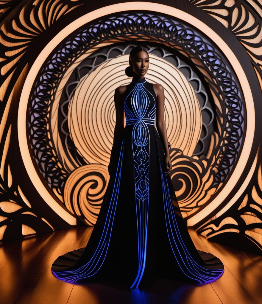 Prompt: Black light haute couture full body ethereal serene charybdis heliocentric fashions vogue abstract editorial album cover shot with nikon z8 2D woodcut layered lasercut 