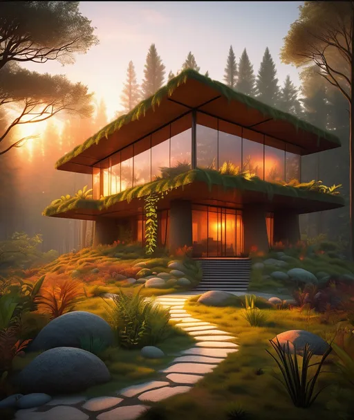Prompt: a carboniferous forest dwelling fit for the ancients warm and inviting fit for deep reflections, primitive landscape with overgrown unique flora and fauna, vibrant earthy colors and subtle contrast with ethereal lighting at sunset 