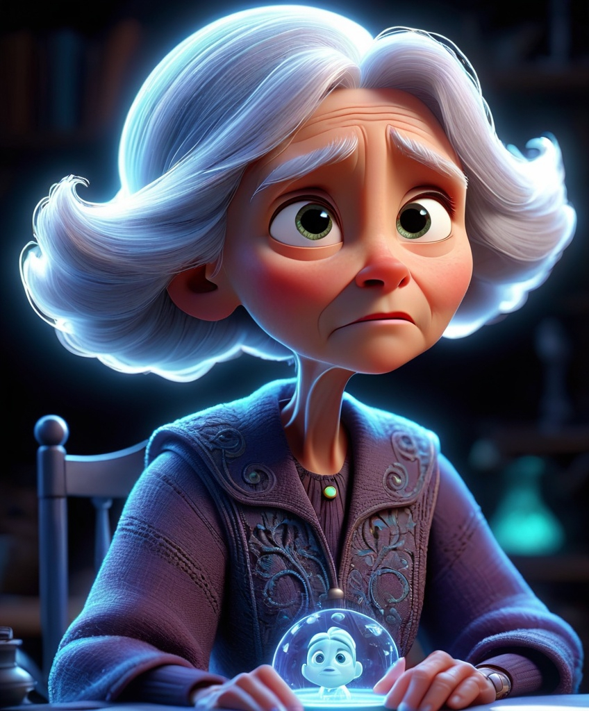 Prompt: cute Pixar wireframe hologram old grandmother's soul reincarnated as a hologram