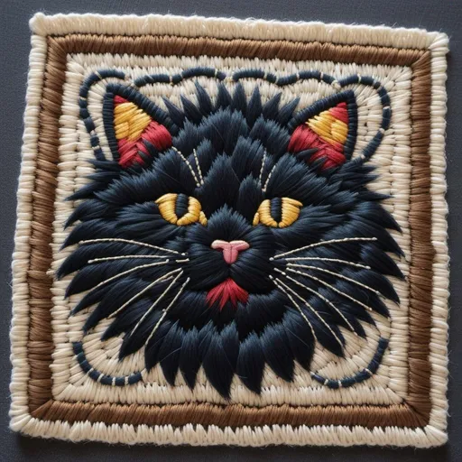 Prompt: woven fuzzy crossstiched cat with an unreasonable amount of cats geoglyph