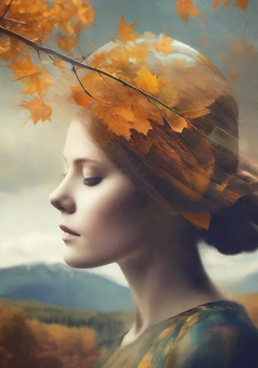 Prompt: Single image, double body exposure: The Very Beautiful dreamy lady, with beautiful face, her body is an eerie landscape, a mountain with autumn flowers art by Anka Zhuravleva, Antonio mora, Sandy Welch, Jane Small, Aliza Razell, Eduard Veith, Joel Robison, Mikhail Vrubel, Ferdinand Hodler, Christoffer Relander, William Timlin, Charles Rennie Mackintosh, John Lowrie Morrison, Sidney Nolan. 3d, Volumetric lighting, mixed media, Best quality, crisp quality, optical illusion.