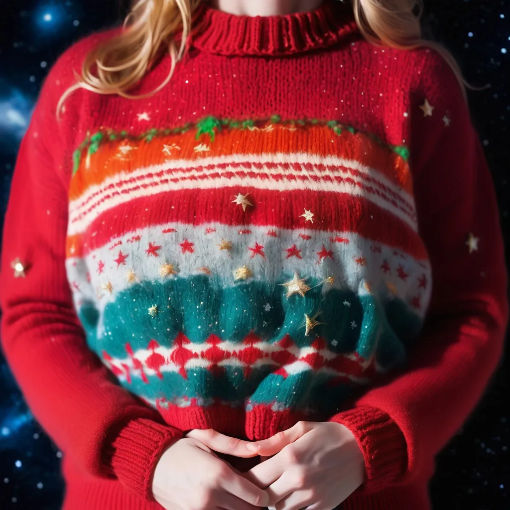 Prompt: celestial demiurge knitting circle knitting into existence Jupiter's atmosphere made of knitted ugly sweater, macro Hubble photography double-exposure 