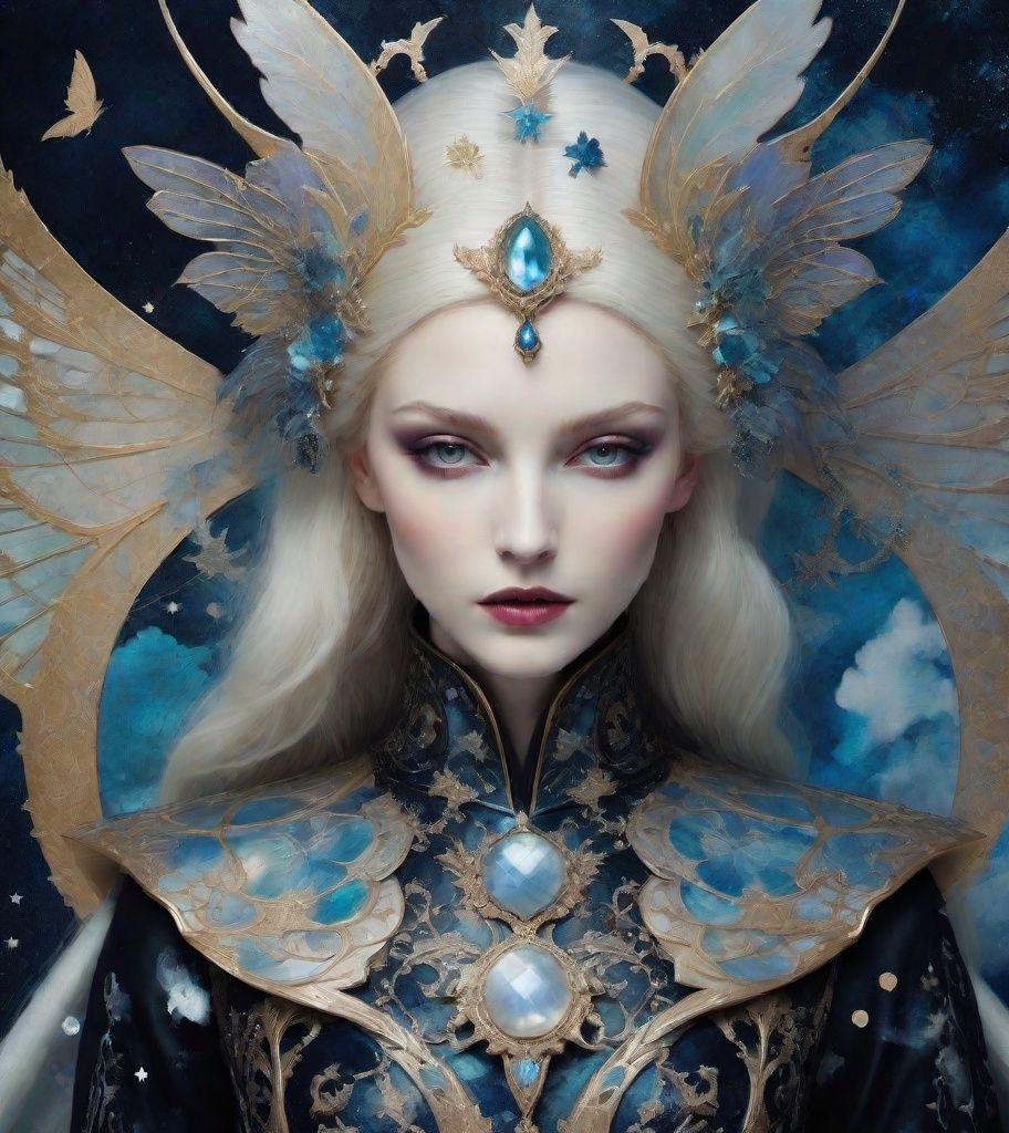 Prompt: Style by Bastien Lecouffe-Deharme, Hayv Kahraman, Erik Madigan Heck, Nicholas Hughes, Nicholas Hilliard, Daarken, faerietale couture, dark fantasy:: Whimsical beauty alice in wonderland, decoupage, intertwined with encaustic painting, impasto, ethereal foggy, craquelure, tempera effect, dynamic pose, lanquerware with mother of pearl inlay, vampiress godess, spread dark dragon iridescent wings, in the asterism sky, medieval armor with geoglyph engraves, in action, with a heliocentric kinetic glowing spear, 