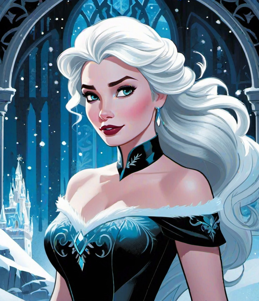 Prompt: In the style of Adam Hughes::1 let it go, let it go, gorgeous super-villain, dark gothic evil Disney Princess Elsa (Ed Benes Studio), singing on the frozen bifrost bridge, symmetrical portrait, comic book art, very elegant, fantasy character art 