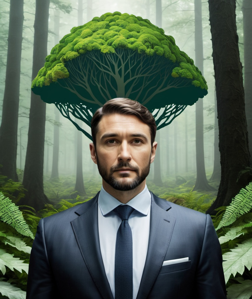 Prompt: A man in a suit and his head  has a small carboniferous forest above it 