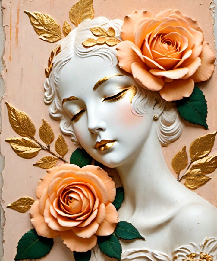 Prompt: old patina rough plaster wall, painted apricot-colored roses, gold leaf decorations, sleeping ballerina, mezzo tint, soft aesthetic 